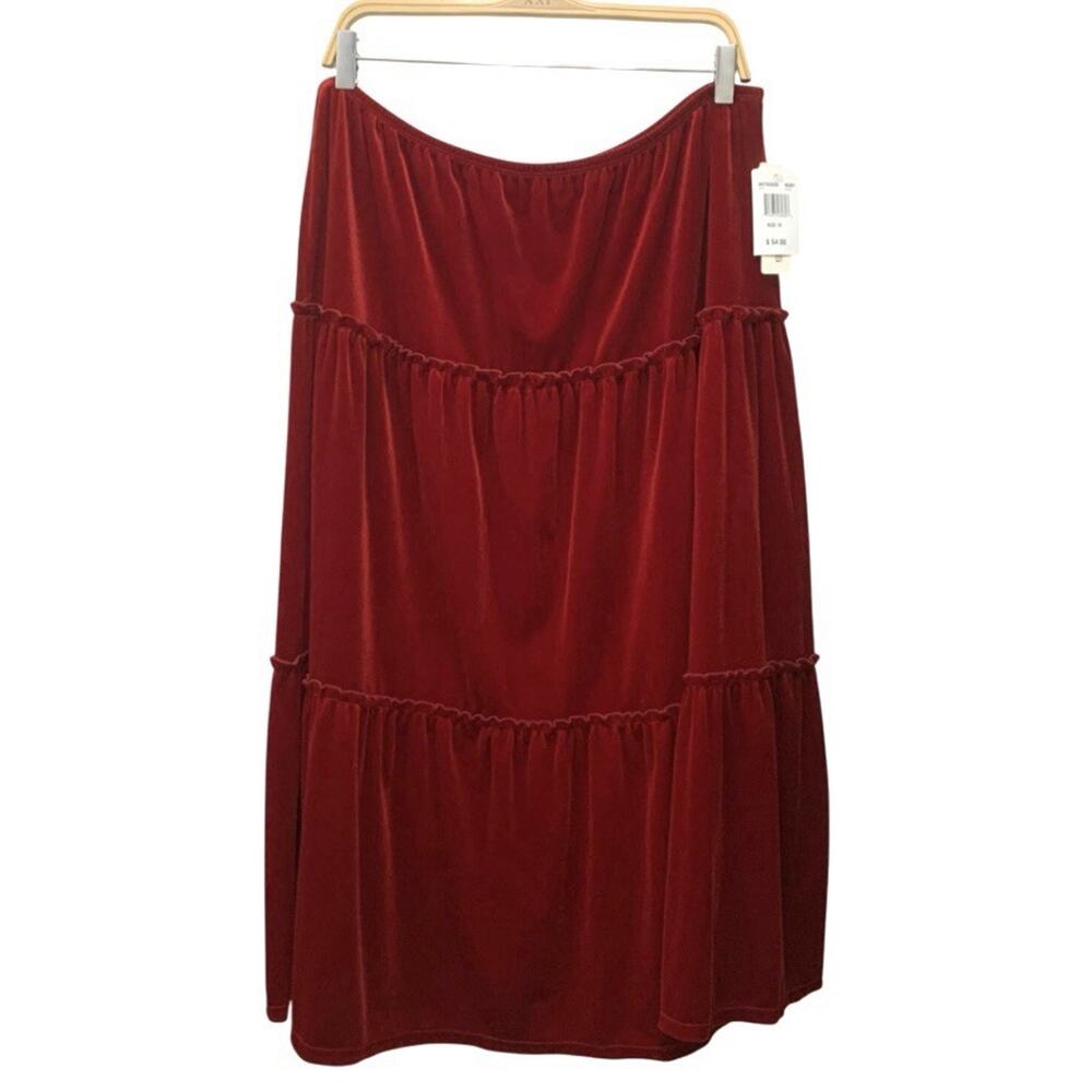 Notations Woman 1X Ruby Red Velvet Tiered Peasant Midi Skirt NWT Holiday